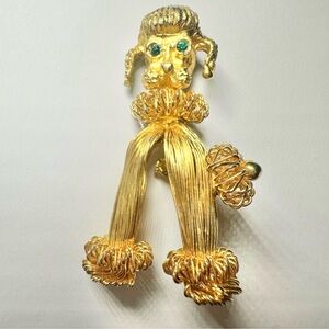 Vintage Gold-Tone Wire Art Poodle Dog Brooch /Green Rhinestone Eyes